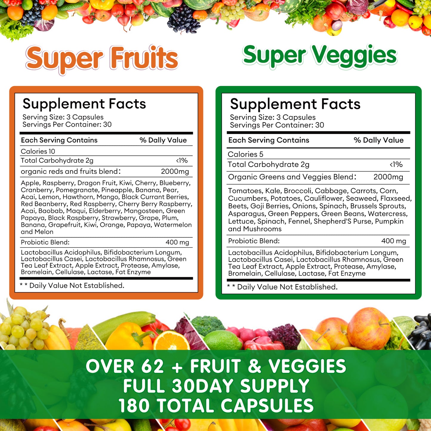 Fruits and Veggies Supplement with Probiotics - 90 Fruit and 90 Veggie Capsules with 120+ Vitamins and Minerals - Supports Energy Levels & Antioxidant - Vegan Friendly-Made 90 Count (Pack of 2)