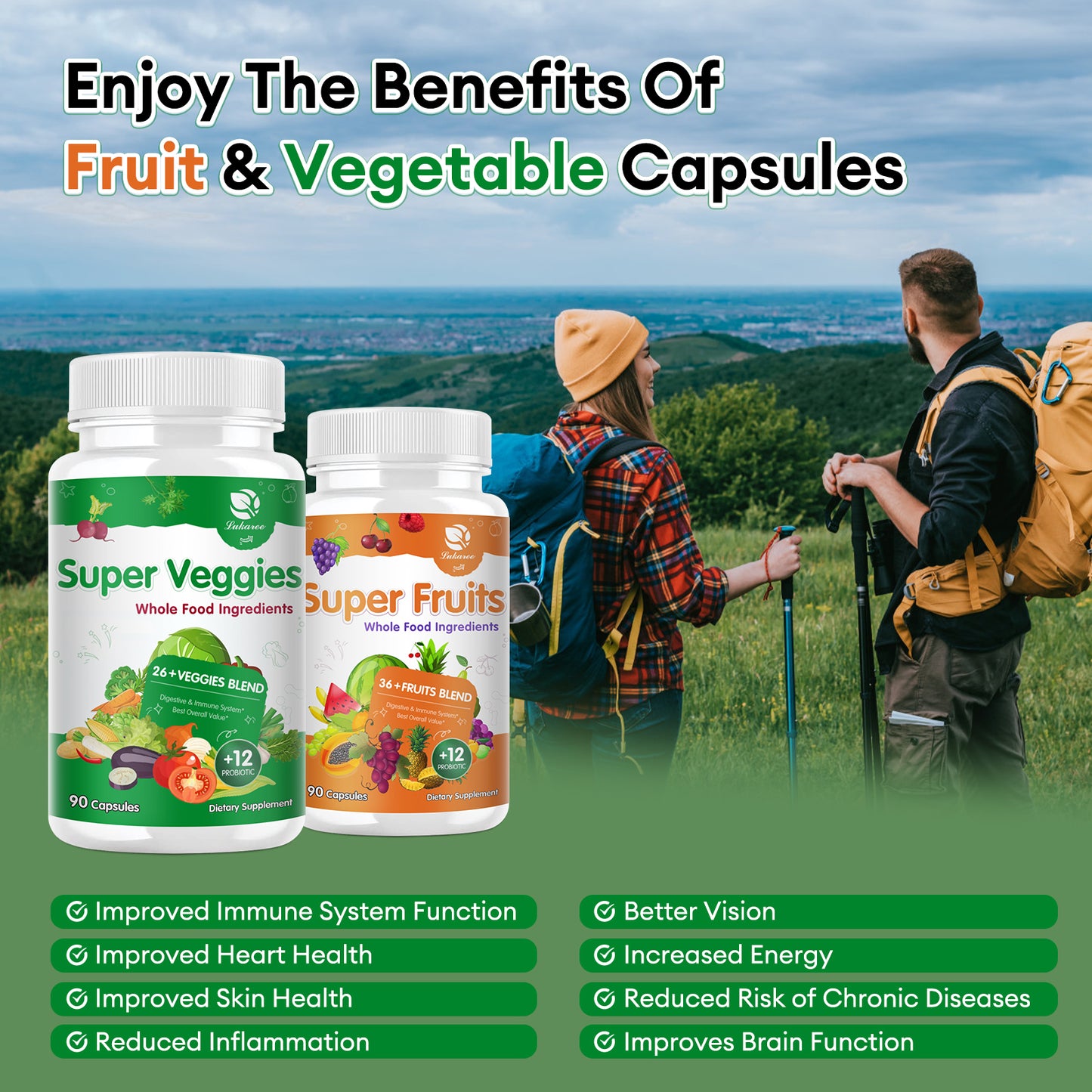 Fruits and Veggies Supplement with Probiotics - 90 Fruit and 90 Veggie Capsules with 120+ Vitamins and Minerals - Supports Energy Levels & Antioxidant - Vegan Friendly-Made 90 Count (Pack of 2)