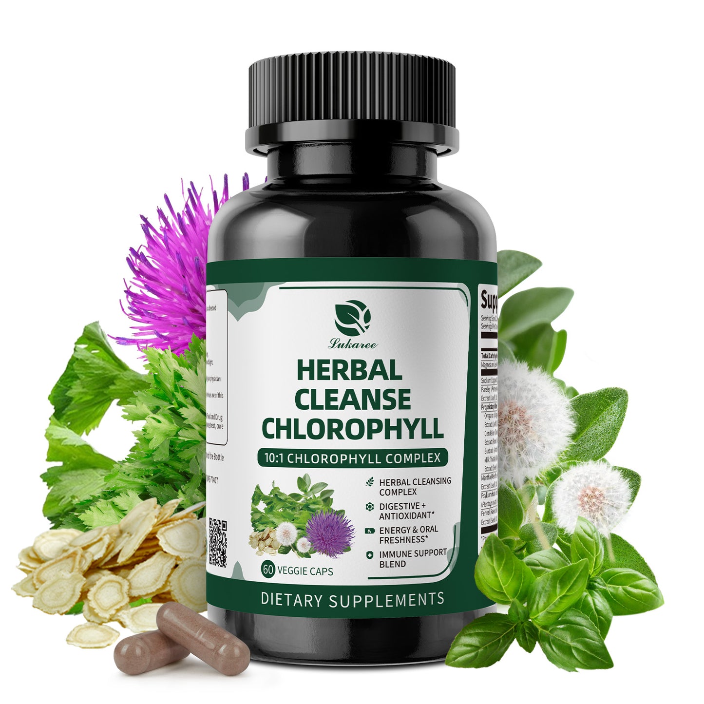 Chlorophyll Detox Capsules Bottle – 60 Vegan Capsules with Milk Thistle, Fennel, Psyllium for Gut & Odor Support