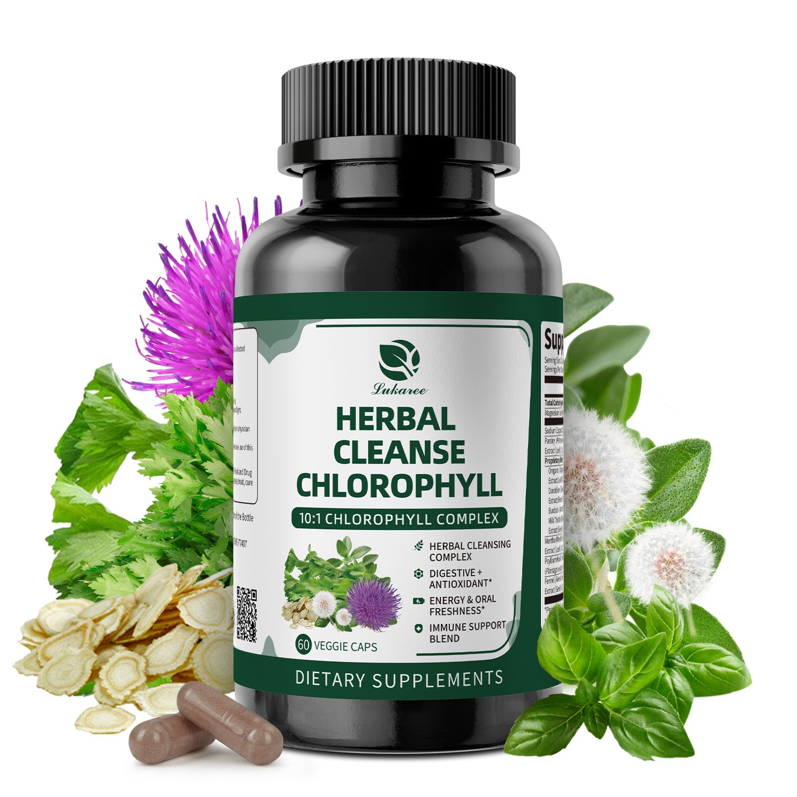 Chlorophyll Detox Capsules Bottle – 60 Vegan Capsules with Milk Thistle, Fennel, Psyllium for Gut & Odor Support