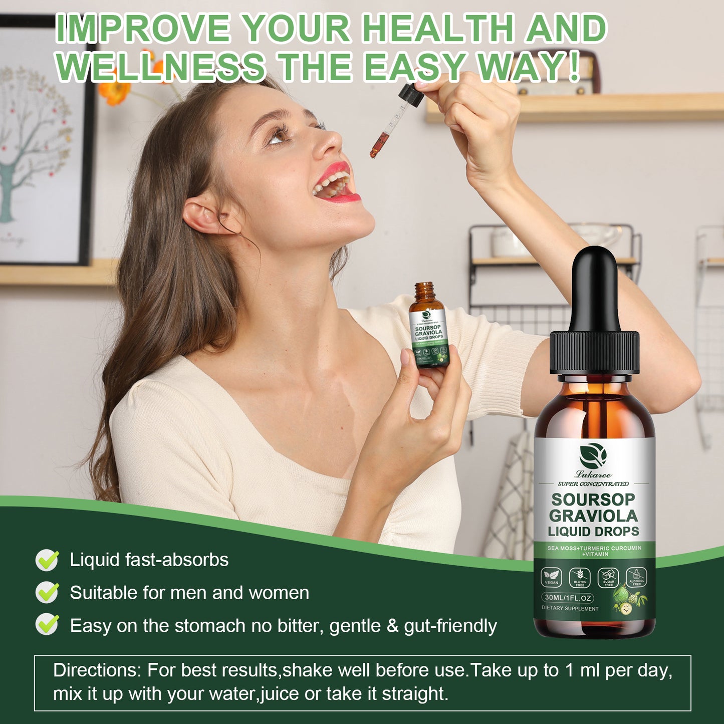 (2 Packs) Organic Soursop Graviola Extract Liquid Drop Plus Pure Botanical Sea Moss for Cell Support & Regeneration, Immunity, Liver, Sleep & Antioxidant - 7-in-1 Soursop Bitters Liquid, 1 Fl Oz