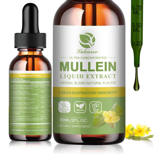 Mullein Liquid Drops for Lungs Cleanse, Vegan Mullein Leaf Extract Tincture with Quercetin, Elderberry, Black Seed Oil, Slippery Elm Bark, Chlorophyll, Support Lung Detox, Immune, Respiratory - 2 fl oz - Lukaree