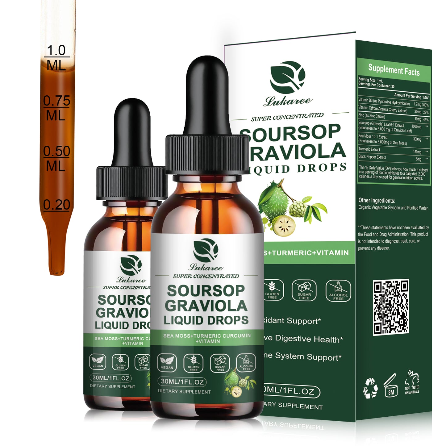 Lukaree 2-Pack Organic Soursop (Graviola) Extract Liquid Drops with Sea Moss – 7-in-1 Cell Support, Immunity, Liver Detox, Sleep & Antioxidant, 1 fl oz each