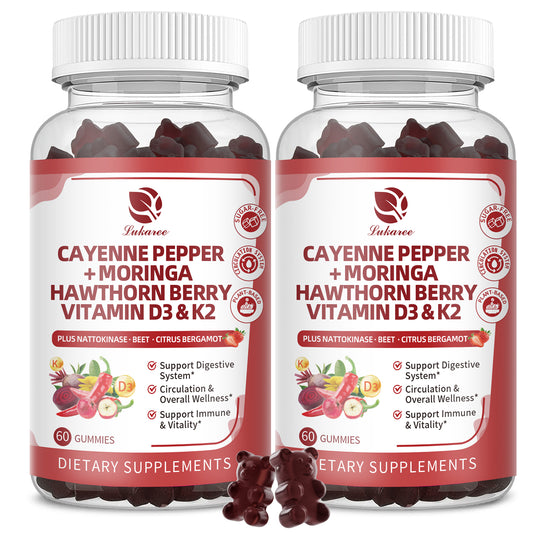Lukaree 16-in-1 Cayenne Pepper Gummies – Sugar-Free Wellness & Vitality Blend with Moringa, Beet Root, Hawthorn & Citrus Bergamot – 120 Gummies × 2 Bottles