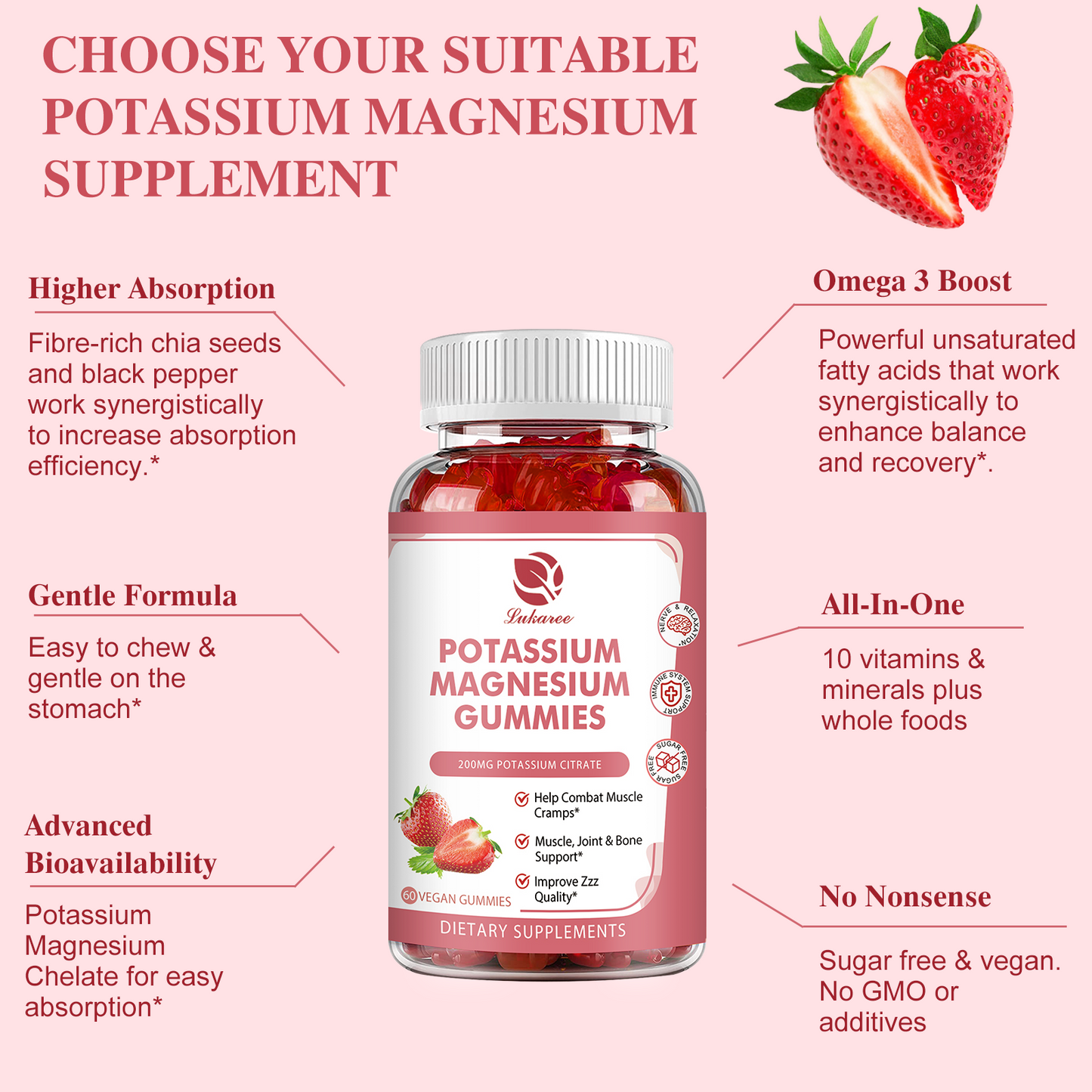 Lukaree Potassium Magnesium Gummies 60ct – 500mg Magnesium Glycinate, 200mg Potassium Citrate with Omega-3, Vitamins B6, D3, K2 & Calcium for Leg Cramp Relief, Mood Balance & Energy