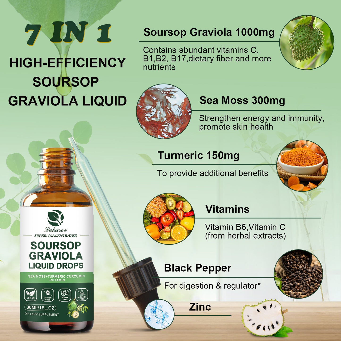 (2 Packs) Organic Soursop Graviola Extract Liquid Drop Plus Pure Botanical Sea Moss for Cell Support & Regeneration, Immunity, Liver, Sleep & Antioxidant - 7-in-1 Soursop Bitters Liquid, 1 Fl Oz