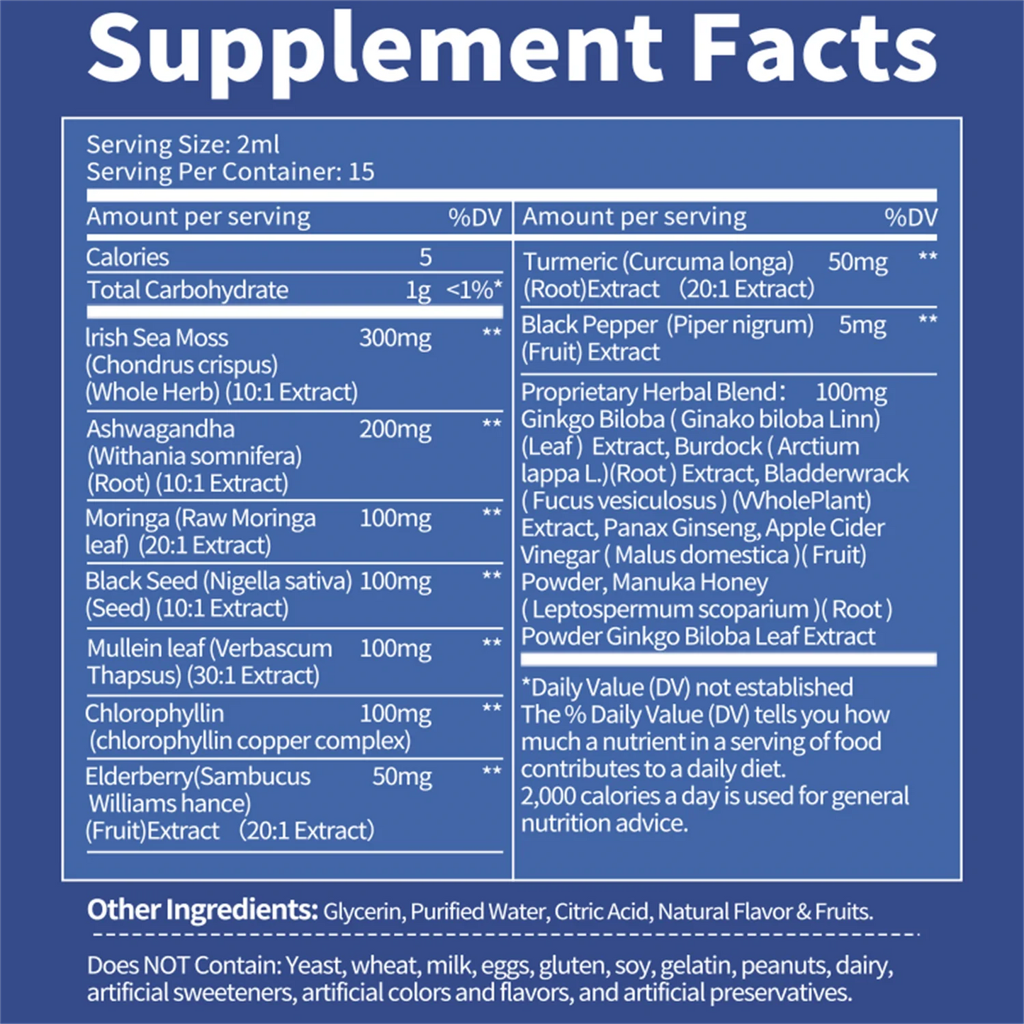 Sea Moss Liquid Drops – Irish Sea Moss with Ashwagandha, Moringa, Black Seed, Mullein Leaf, Chlorophyllin, Elderberry Extract | 2 Fl Oz