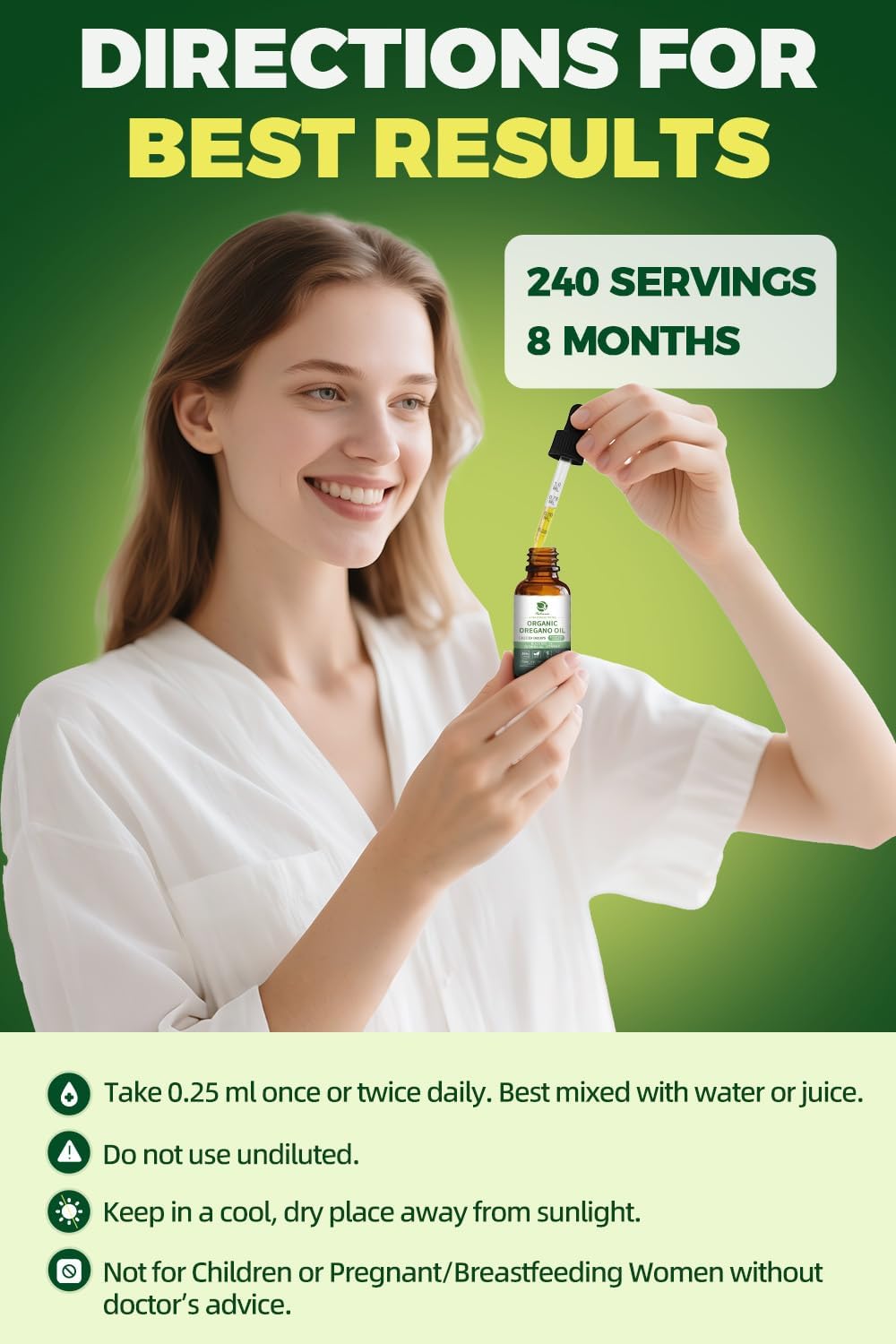 Woman adding oregano oil drops into water for daily immune and digestive support