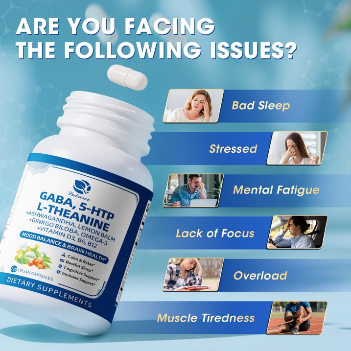 GABA Supplements 750mg with L-Theanine, 5-HTP, Ashwagandha, Lemon Balm, Ginkgo Biloba, Omega-3, GABA Capsules for Sleep, Focus, Mood Support, Cortisol Balance - 60 Day Supply, Melatonin-Free