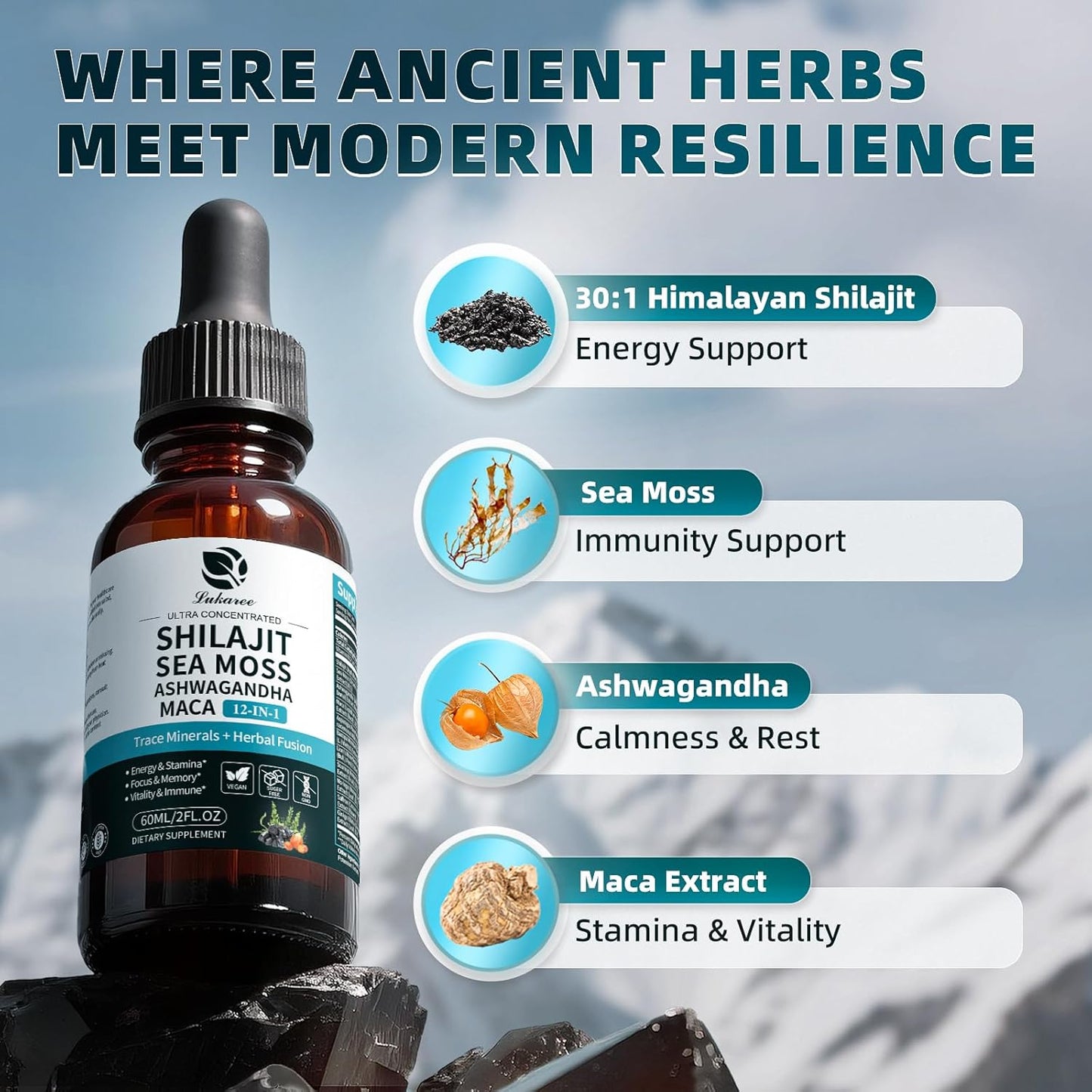Lukaree Himalayan Shilajit & Sea Moss Liquid Drops – 30:1 Shilajit, Ashwagandha & 85+ Trace Minerals