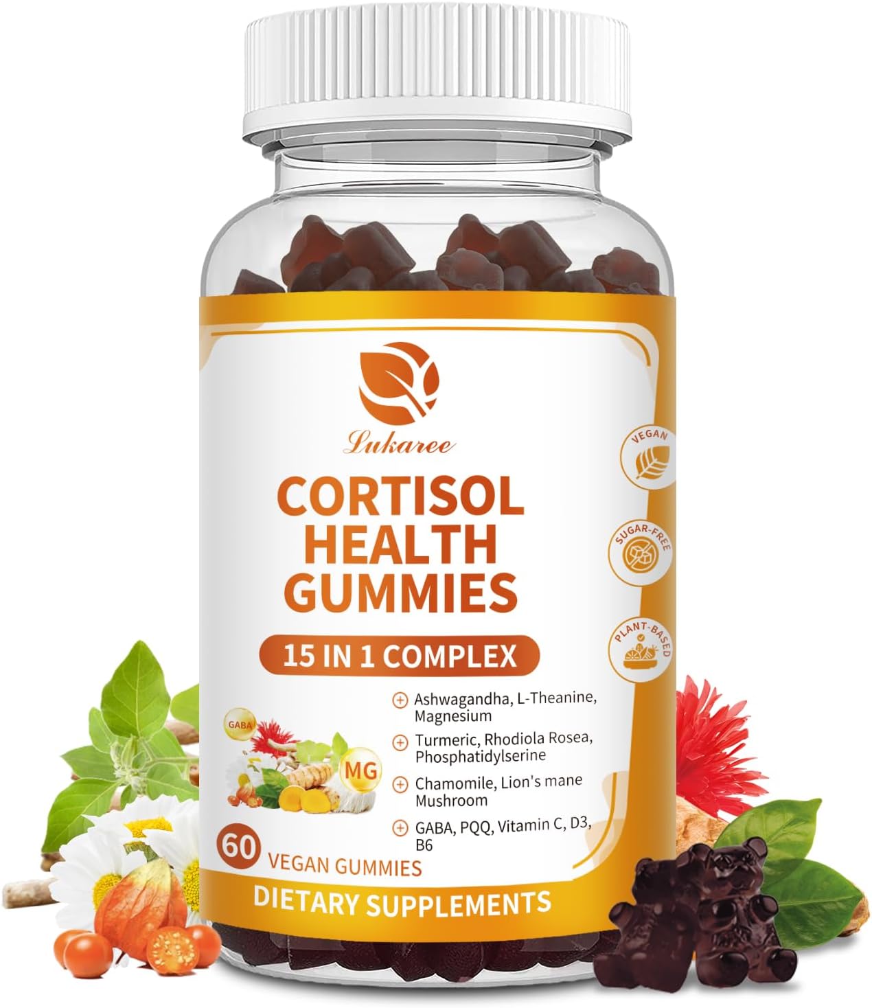 15-in-1 Cortisol Supplements for Women & Men, Calm Cortisol Gummies with Ashwagandha, Magnesium, L-theanine, GABA, Phosphatidylserine, Vitamin C, D3, B6 for Mood, Sleep, Focus Support - Vegan,