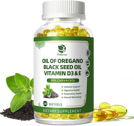Bottle of Oregano Oil Capsules – 99% Carvacrol with Black Seed Oil and Vitamins