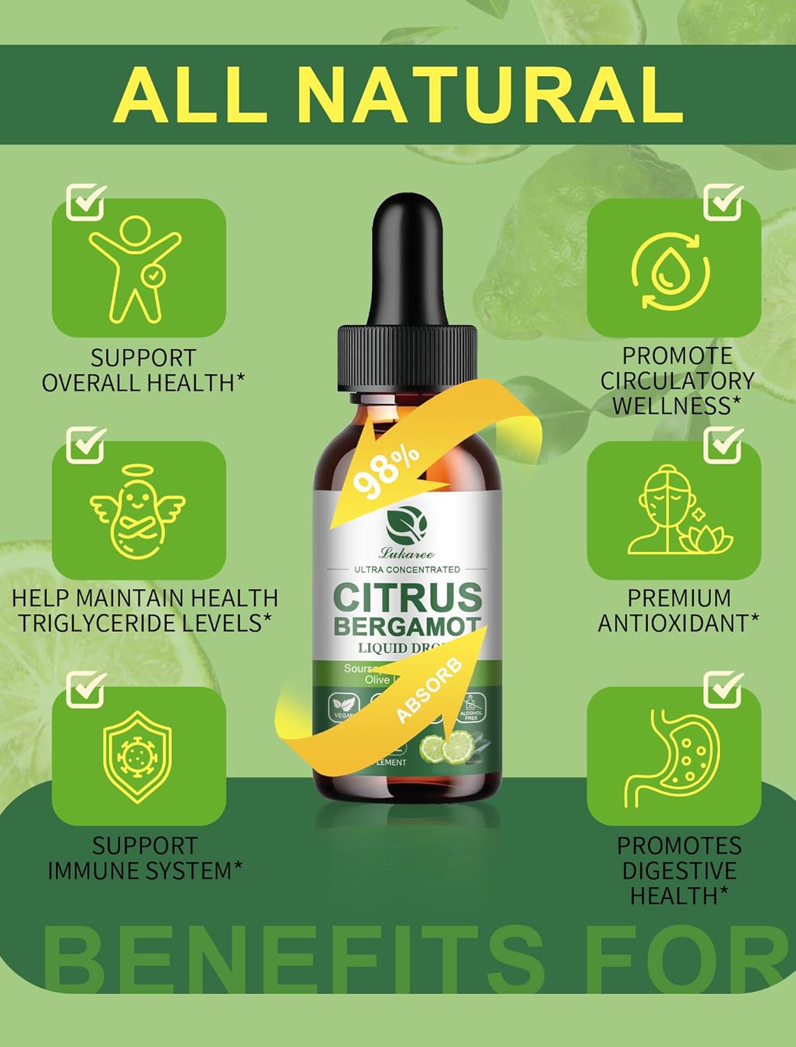 Citrus Bergamot Liquid Drops – Herbal Blend with Soursop, Red Yeast Rice, Garlic & Olive Leaf – Plant-Based Formula with Black Pepper for Enhanced Absorption – 2 Fl Oz