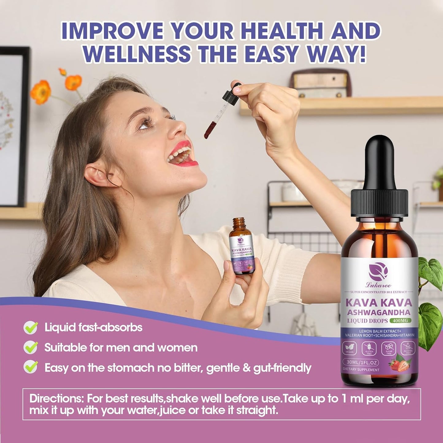 Kava Root Extract Drops Supplement - Calming High Concentration Kava with Ashwagandha, Lemon Balm, Valerian Root for Relaxation, Liver, Cognitive Support & Immune System,Vegan, Alcohol-Free (2 pack)