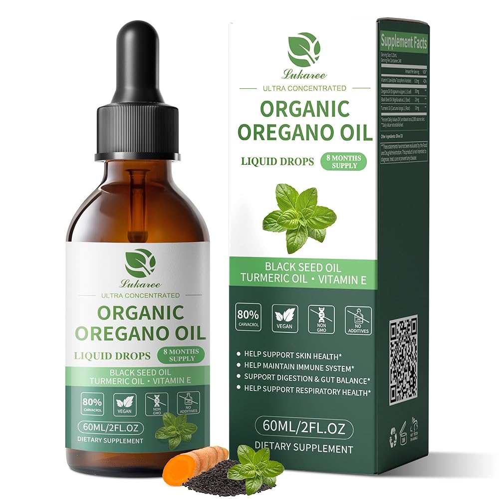 Oregano Oil Supplement Drops – 2 oz Bottle with 80% Carvacrol, Black Seed Oil & Turmeric for Immune Support"