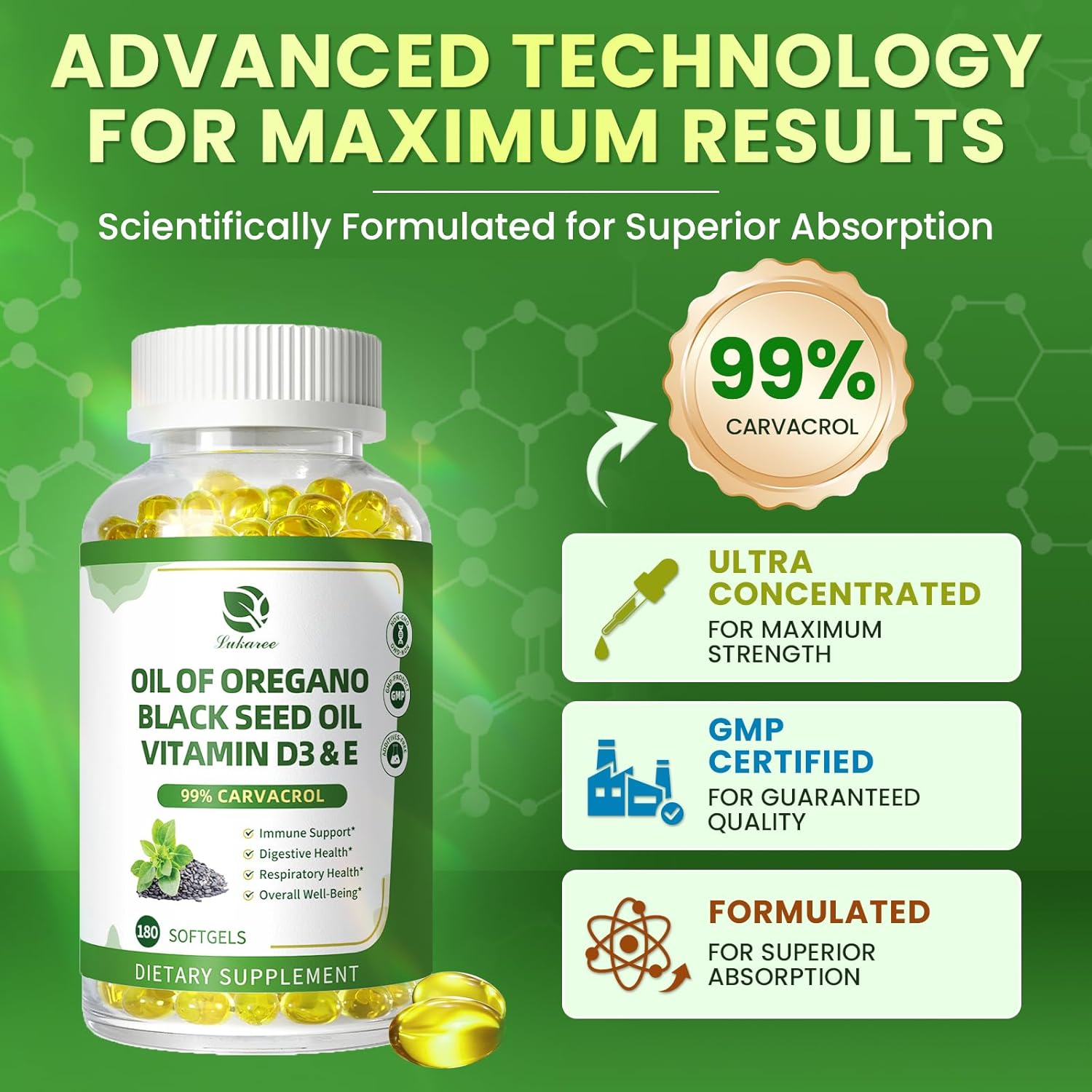 Bottle of Oregano Oil Capsules – 99% Carvacrol with Black Seed Oil and Vitamins