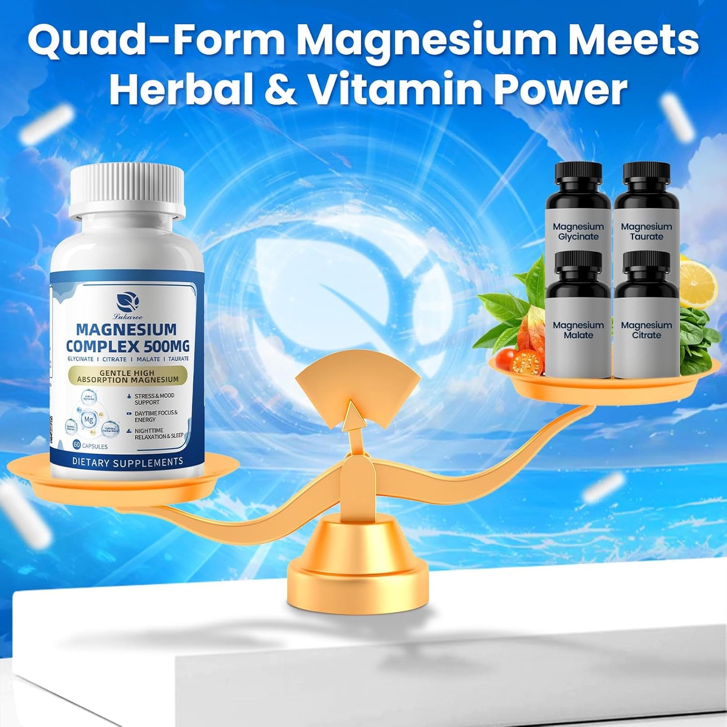 Magnesium Complex 500mg – 4-in-1 Glycinate, Citrate, Malate, Taurate | with D3, B6, B12 & Adaptogens for Sleep, Relaxation & Focus – 120 Capsules