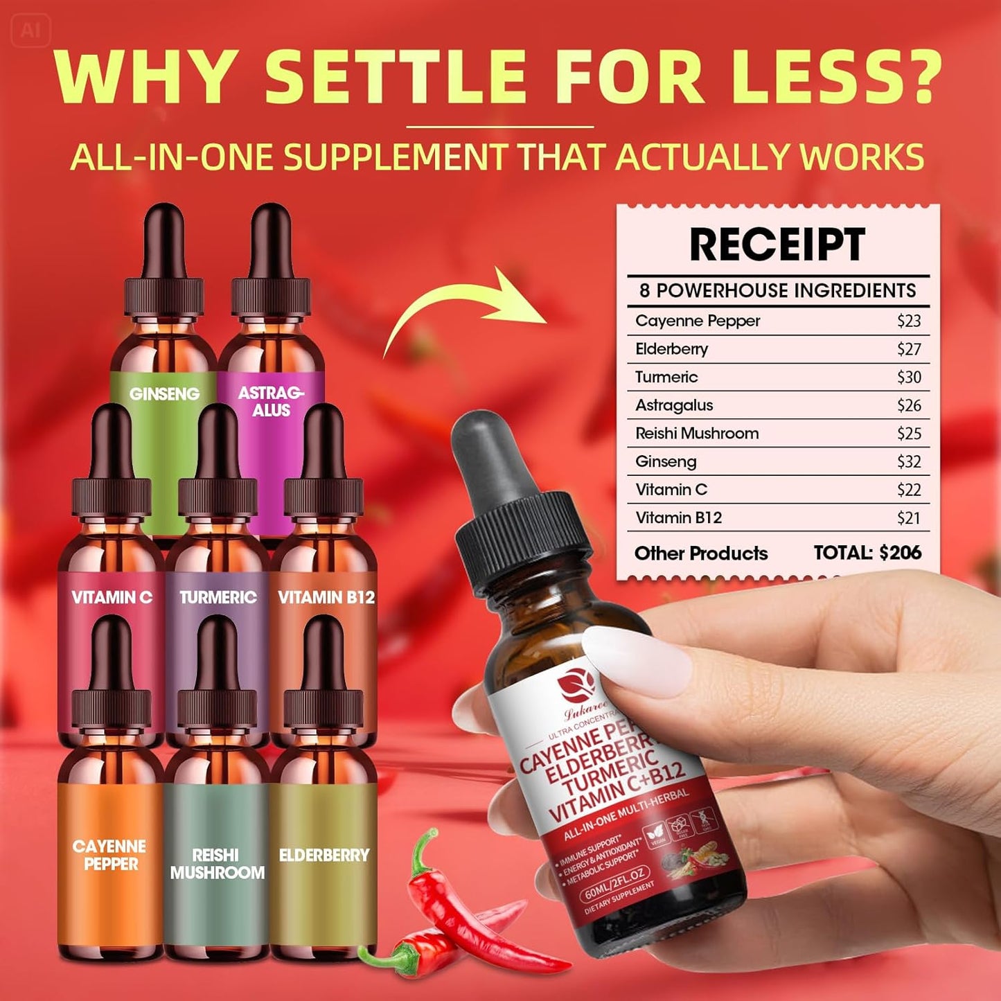 Cayenne Pepper Drops with Elderberry, Turmeric Curcumin, Astragalus, Ginseng, Vitamin C & B12, 8-in-1 Organic Liquid Supplement, Fast Absorbing Berry Flavor, 2 FL OZ