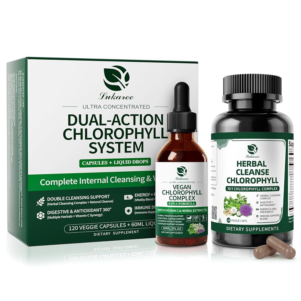 Chlorophyll liquid drops and capsules combo for full-day detox and energy support