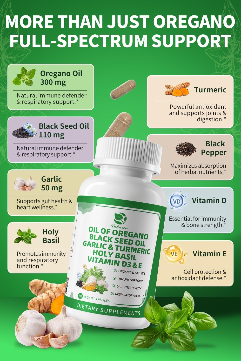 Organic Oil of Oregano Capsules with Black Seed Oil, Garlic, Turmeric, Holy Basil, Vitamin D3, E & Black Pepper for Better Absorption – Immune, Digestive & Respiratory – Vegan, Non-GMO, 2 Month Supply