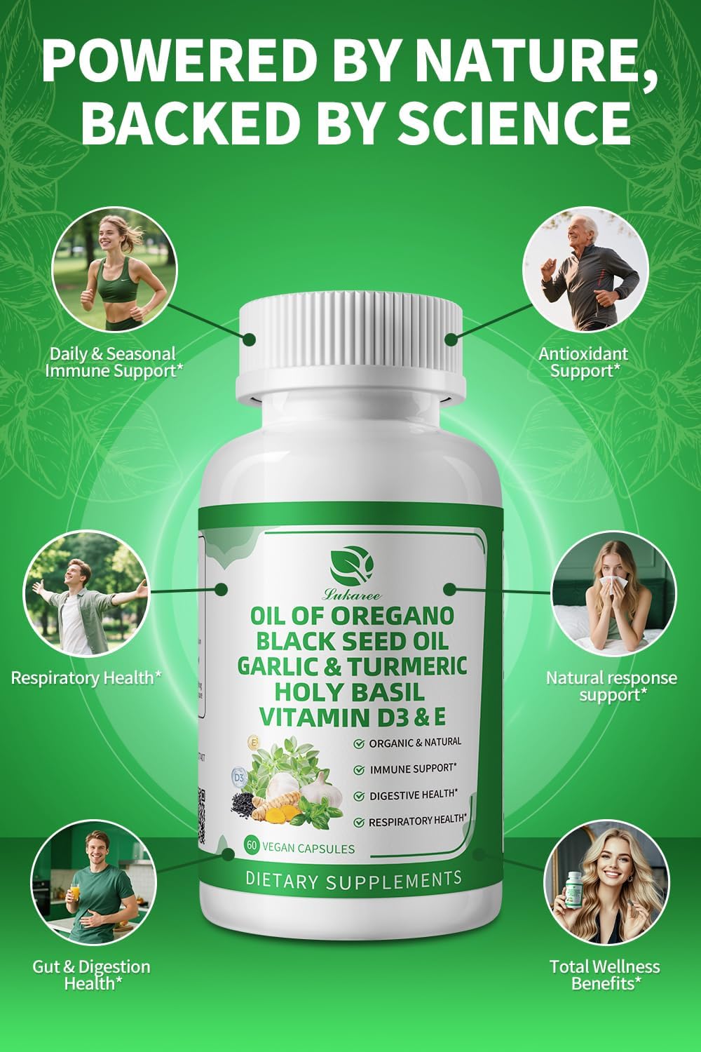 Immune support herbal supplement capsules made with organic plant-based ingredients, odorless and easy to swallow