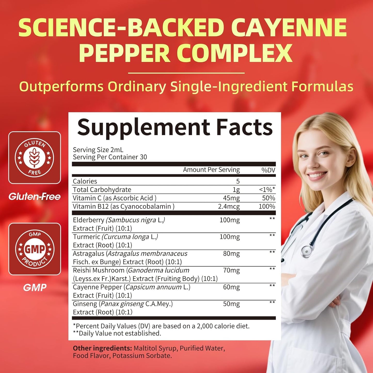 Cayenne Pepper Drops with Elderberry, Turmeric Curcumin, Astragalus, Ginseng, Vitamin C & B12, 8-in-1 Organic Liquid Supplement, Fast Absorbing Berry Flavor, 2 FL OZ