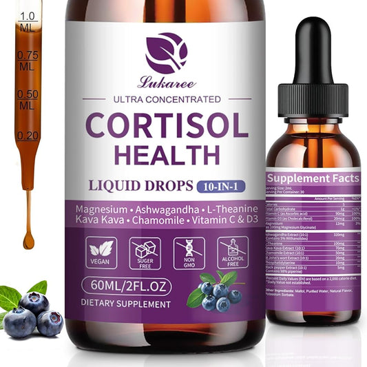 10 in 1 Cortisol Supplement Liquid Drops Hormone Balance, Blueberry Flavor