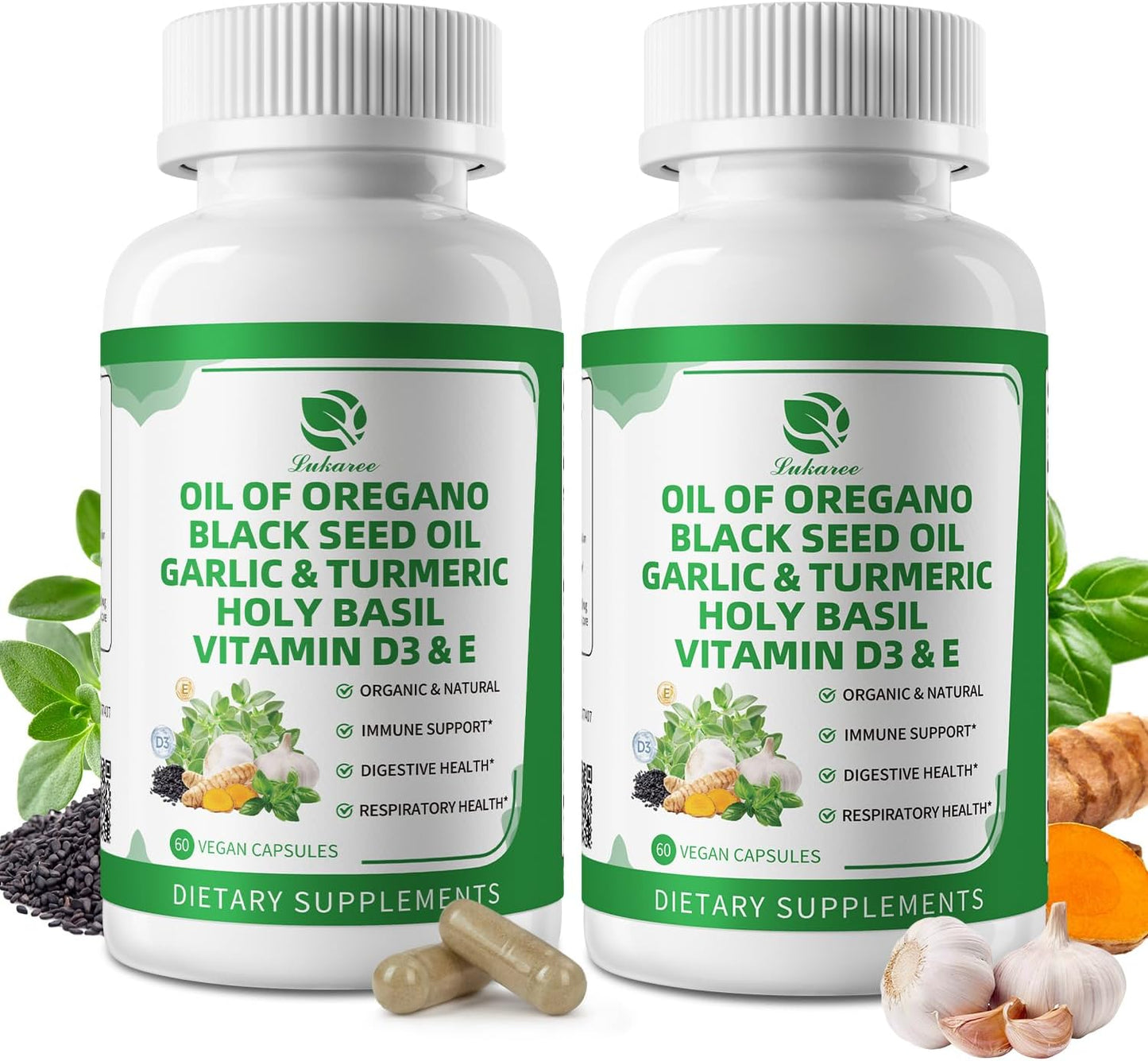 Organic Oil of Oregano Capsules with Black Seed Oil, Garlic, Turmeric, Holy Basil, Vitamin D3, E & Black Pepper for Better Absorption – Immune, Digestive & Respiratory – Vegan, Non-GMO, 2 Month Supply