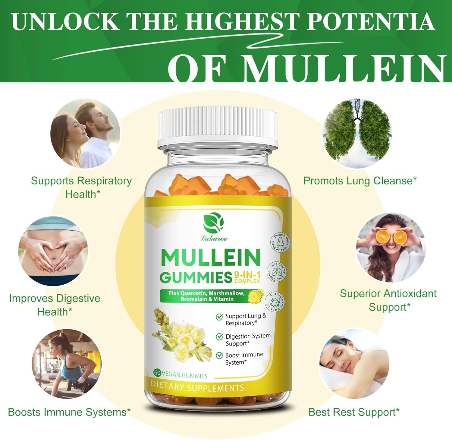 Lukaree 9-in-1 Mullein Gummies for Respiratory Support, Immune Health, Vegan Supplement
