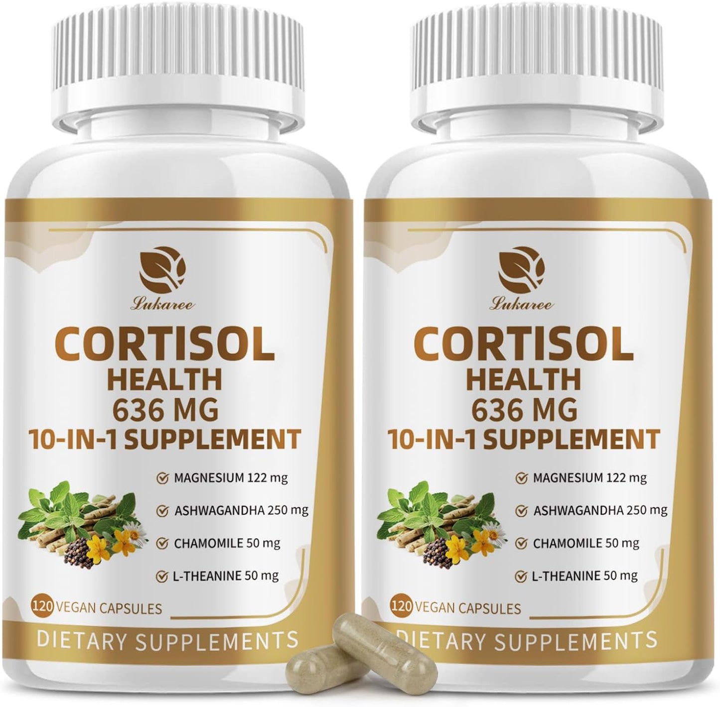 Lukaree 10-in-1 Cortisol Reducer Vegan Capsules 120ct – Stress Relief, Hormone Balance, Detox & Immune Support Supplement
