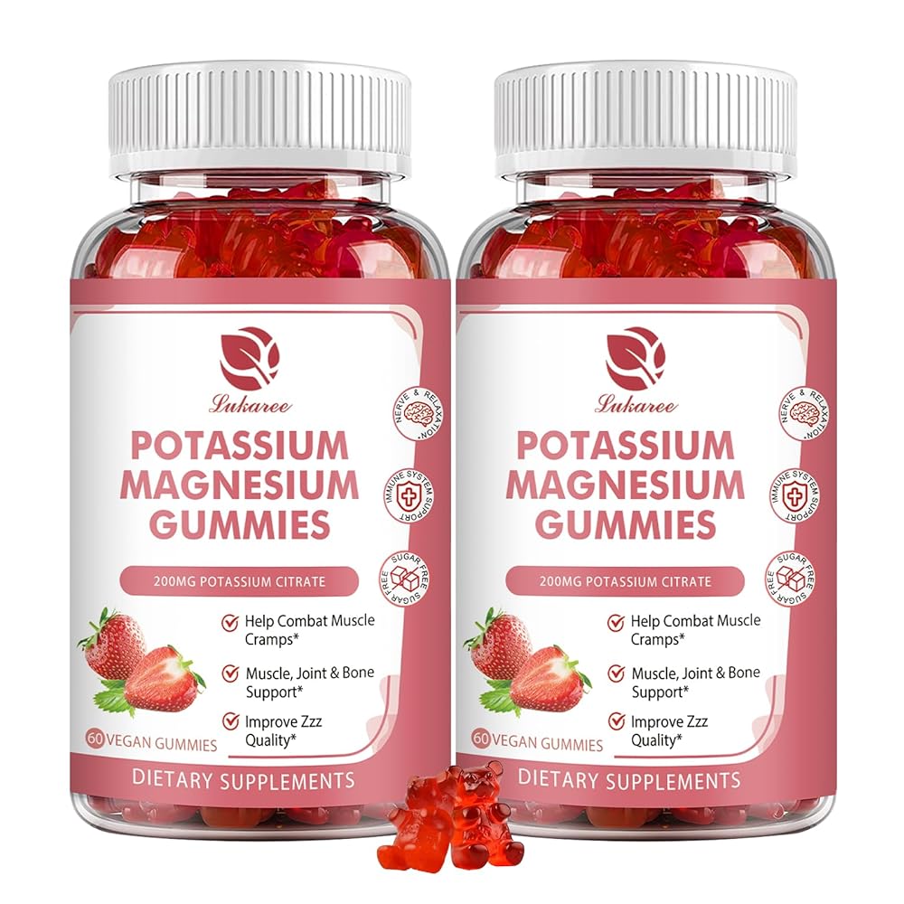 Lukaree Potassium Magnesium Gummies 60ct – 500mg Magnesium Glycinate, 200mg Potassium Citrate with Omega-3, Vitamins B6, D3, K2 & Calcium for Leg Cramp Relief, Mood Balance & Energy