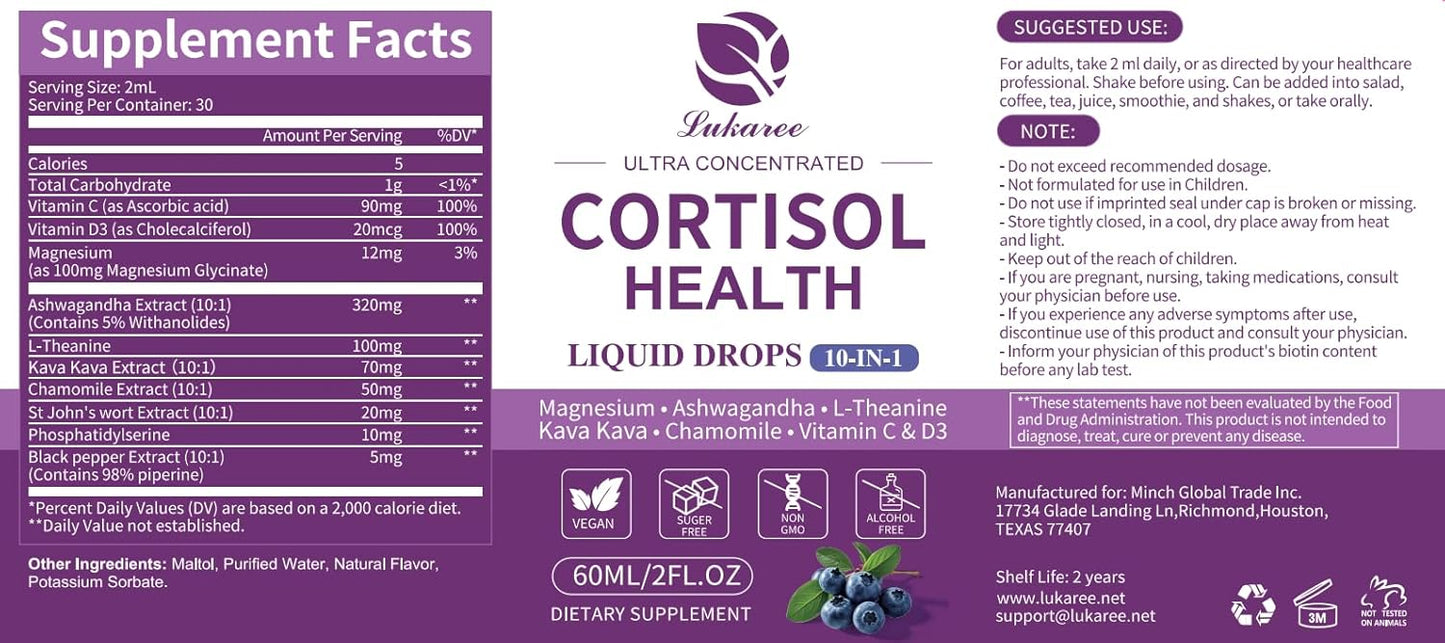 10 in 1 Cortisol Supplement Liquid Drops Hormone Balance, Blueberry Flavor