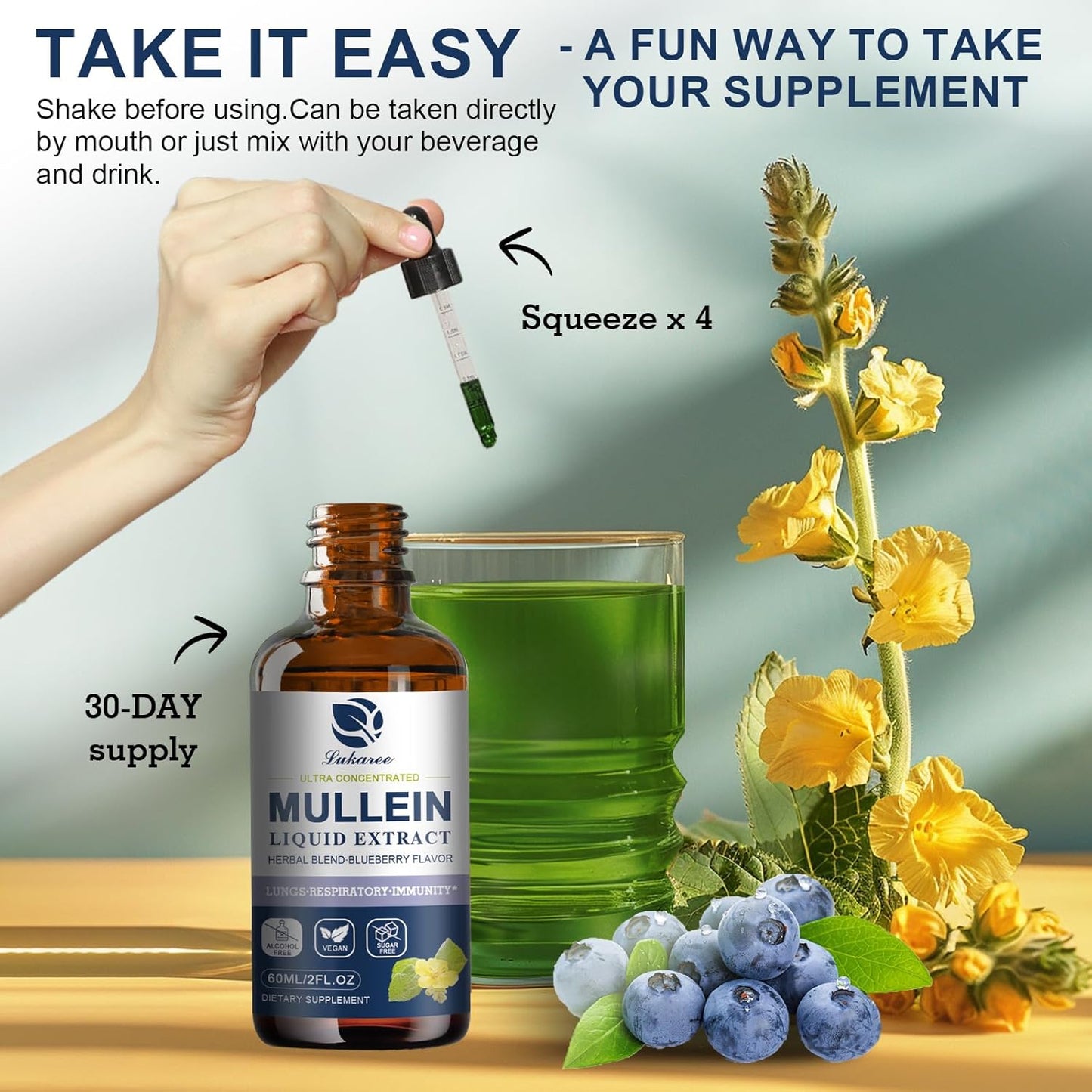 Lukaree Mullein Drops for Lung Detox & Cleanse, Vegan Mullein Leaf Extract Tincture with Chlorophyll Elderberry, etc for Respiratory, Immune, 60 Servings