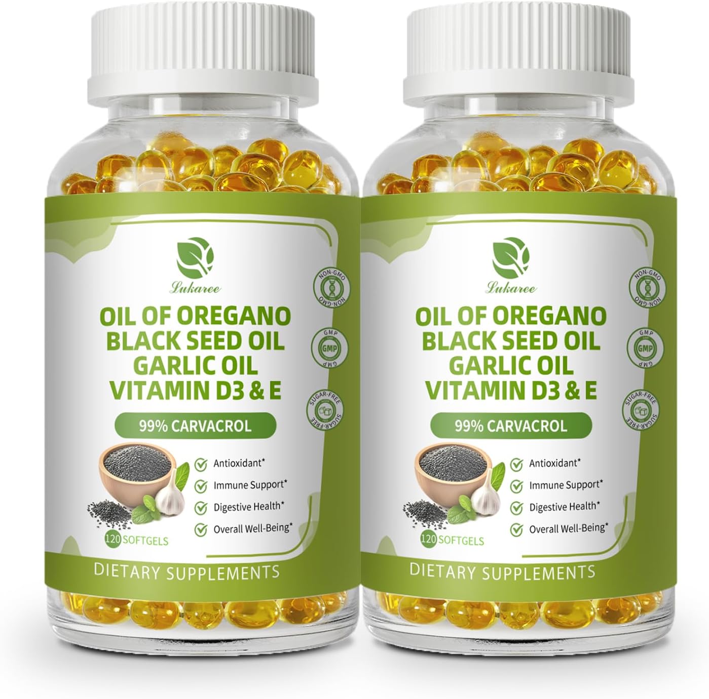 Lukaree Organic Oregano Oil Capsules with Black Seed & Garlic Oils, 99% Carvacrol, Vitamins D3 & E – Antioxidant, Immune & Digestive Support