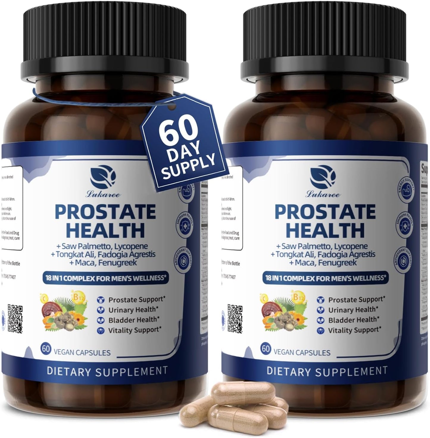 Bottles of Lukaree Prostate Health Supplements for Men – 18-in-1 Formula with Saw Palmetto, Pumpkin Seed, and Adaptogenic Herbs, 120 Capsules