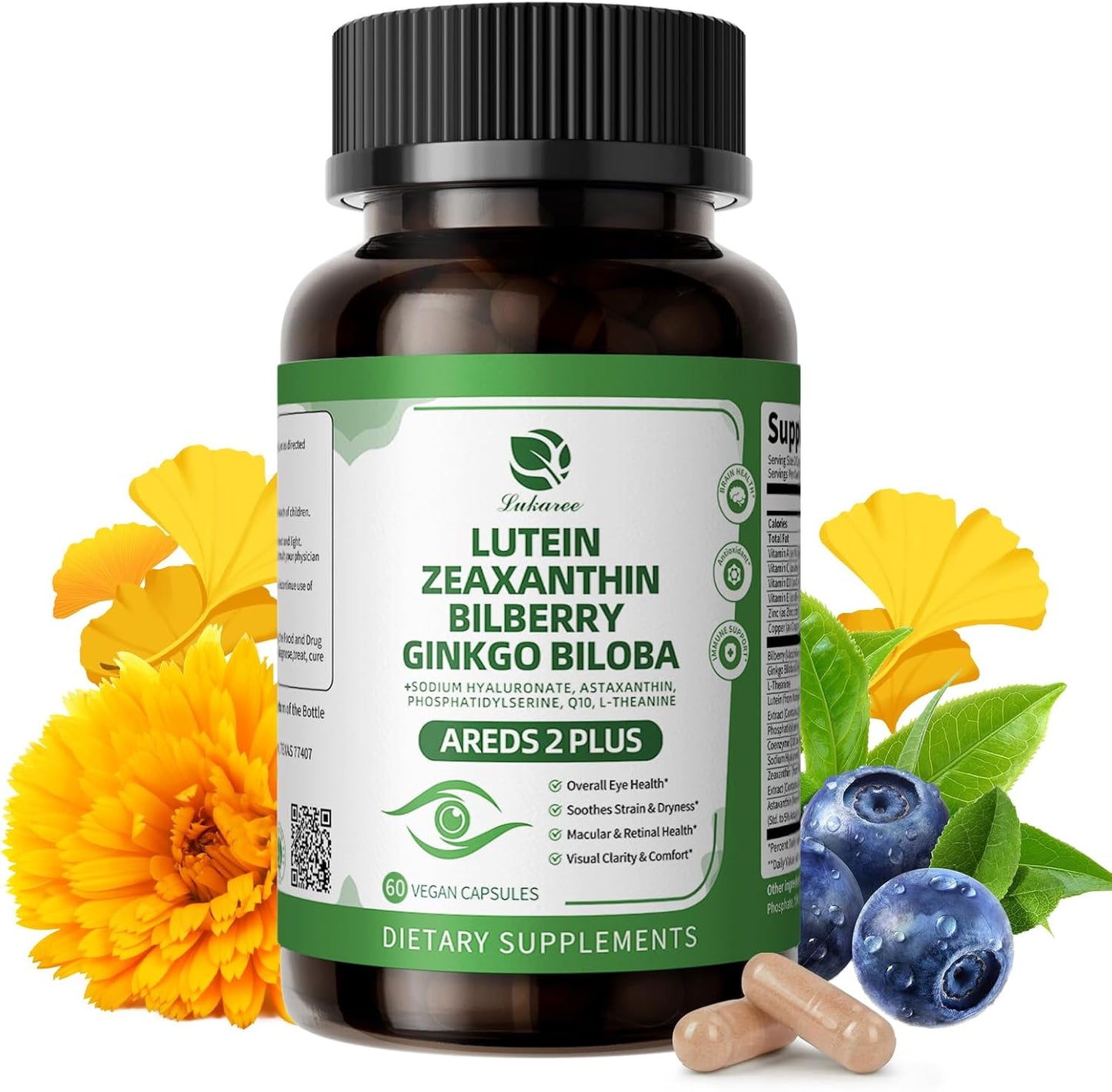 Lutein and Zeaxanthin Supplements – AREDS 2 Eye Vitamins with Bilberry, Astaxanthin, Ginkgo Biloba – Eye & Brain Health Support – 120 Vegan Capsules
