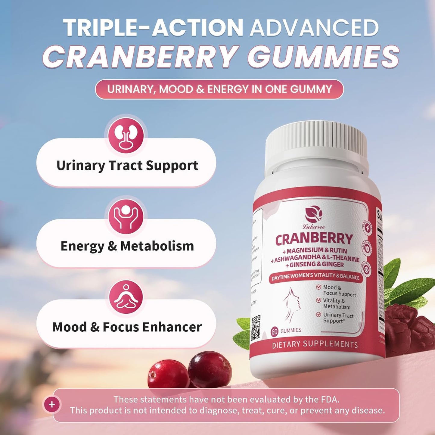 Cranberry Gummies for Women – 14-in-1 Urinary Tract, Mood & Energy Support with D-Mannose, Ashwagandha & Ginseng – 60 Count