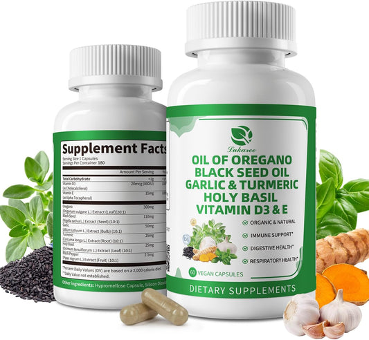 Bottle of vegan oregano oil capsules with black seed, garlic, turmeric, holy basil, black pepper, vitamin D3 and E for immune and digestive support