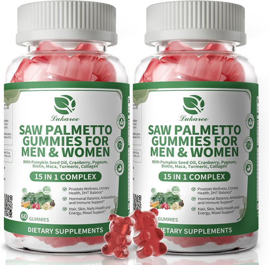 15 in 1 Saw Palmetto 2 Pack, 500mg Saw Palmetto Extract Gummies, Prostate Health Supplements for Men, Lukaree