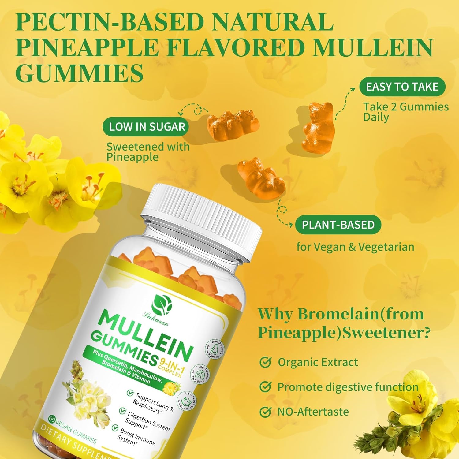 Lukaree 9-in-1 Mullein Gummies 2-Pack 120ct – Immune Health, Vegan Supplement