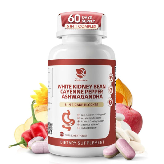 White Kidney Bean Extract, 6 In1 Complex - Cayenne Pepper, Ashwagandha, Apple Pectin, Inulin, Potato Extract for High Absorption, Support Intestinal Health, 120 PCS