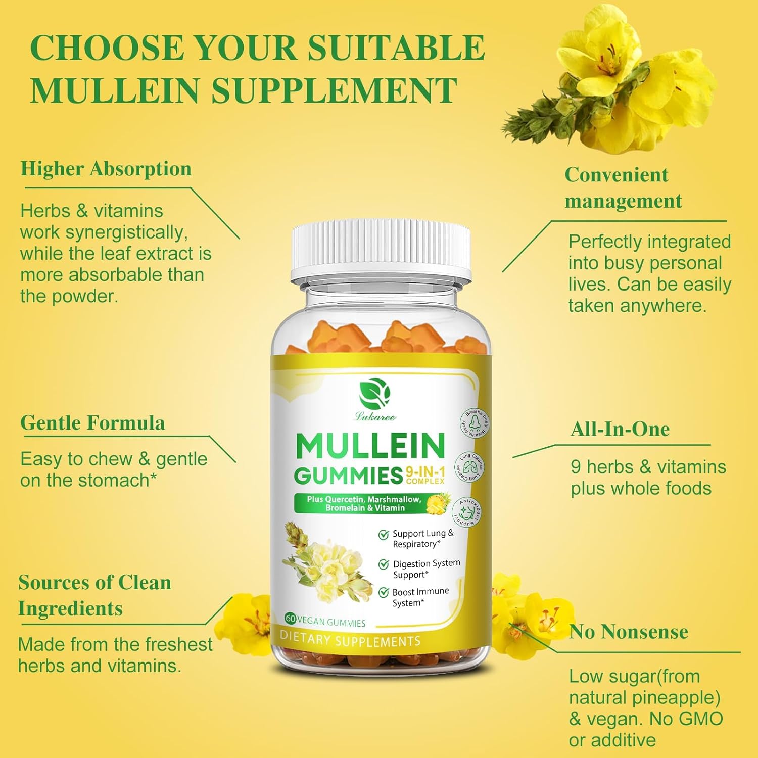 Lukaree 9-in-1 Mullein Gummies 120ct – Lung Cleanse with Mullein Leaf, Quercetin, Bromelain, Elderberry & Marshmallow