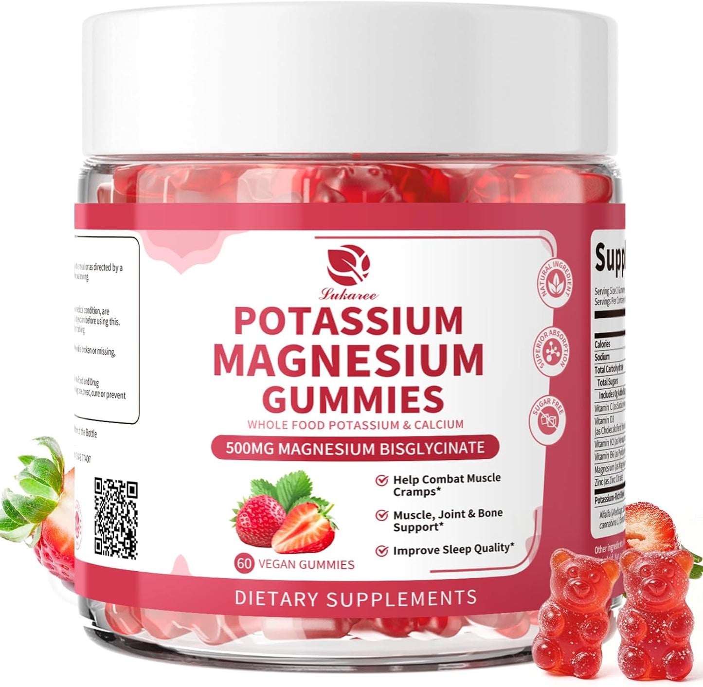 Magnesium Gummies - High Absorption Magnesium Glycinate 500mg & Potassium Citrate 200mg Plus Omega 3, B6, D3, K2 & Calcium - Chewable Gummy for Leg Cramps, Calm Mood & Energy - 60 Count