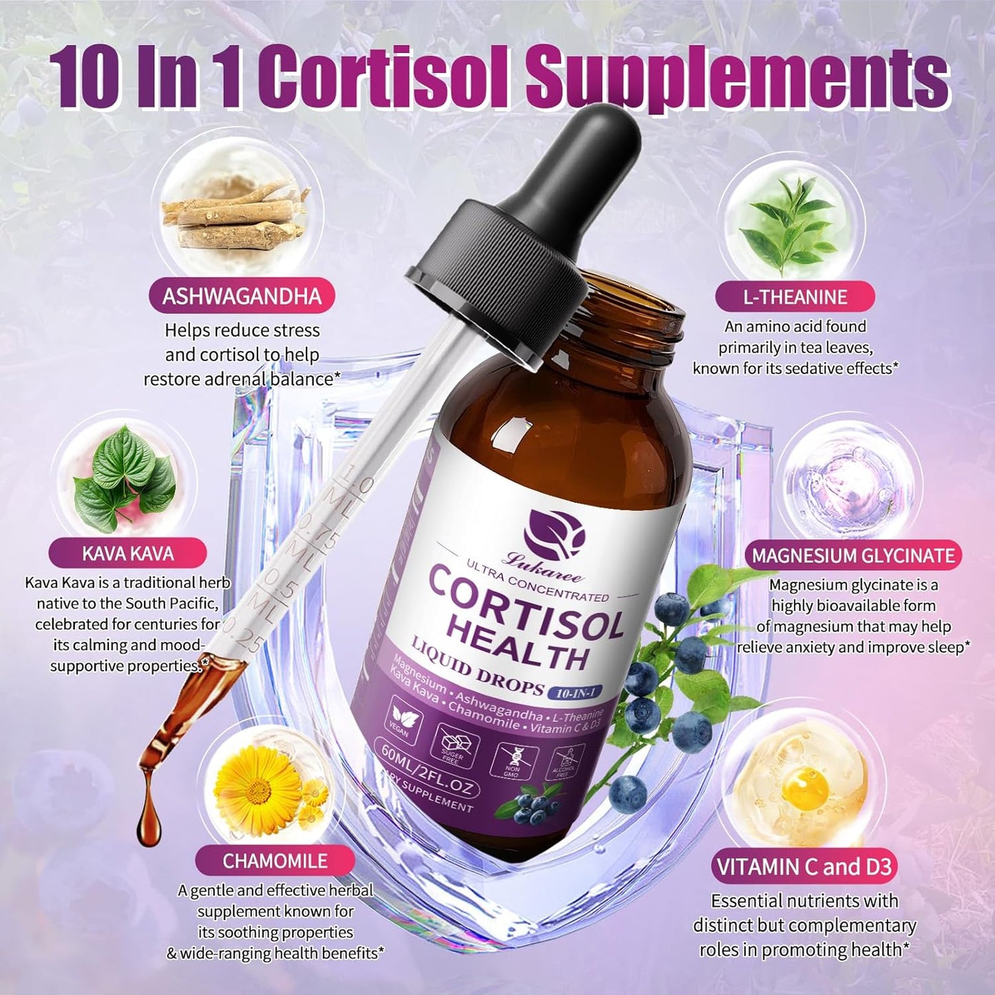 10 in 1 Cortisol Supplement Liquid Drops Hormone Balance, Blueberry Flavor