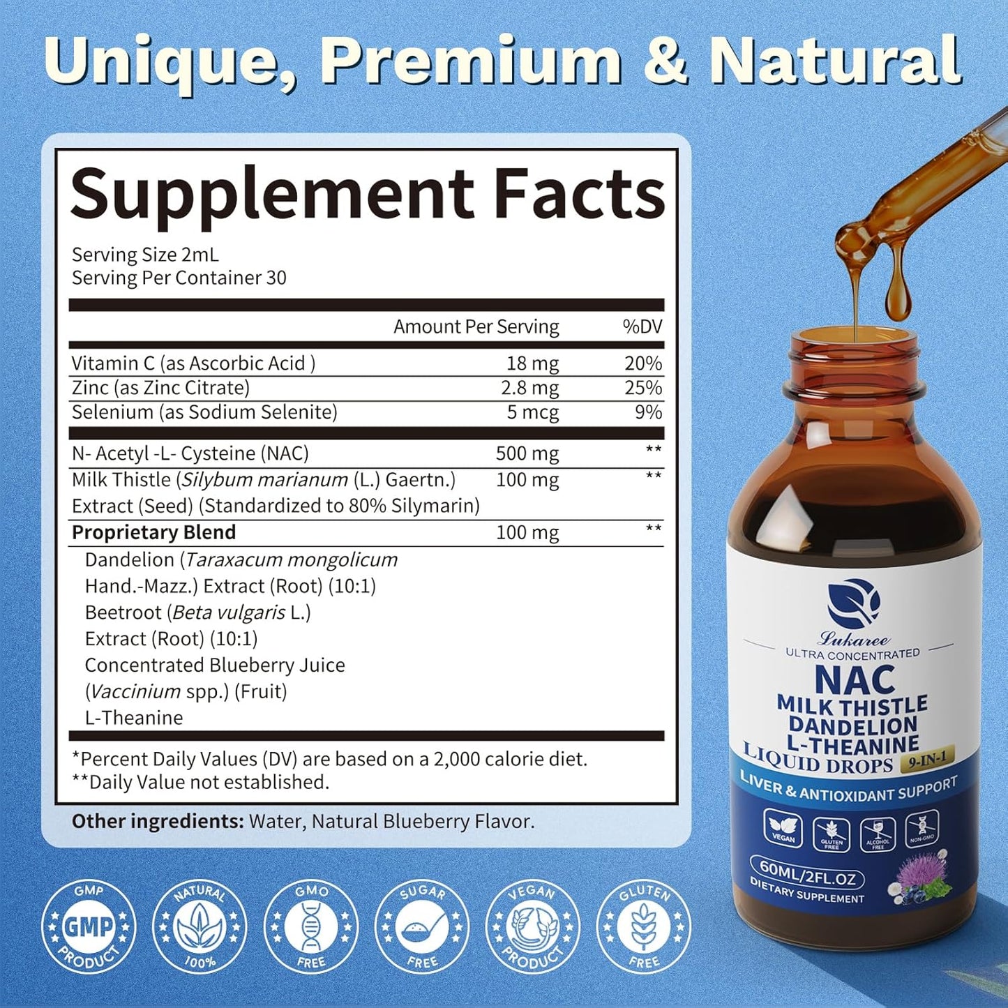 Lukaree Liposomal NAC Supplement – 700mg N-Acetylcysteine with Milk Thistle, L-Theanine & Beet Root | 9-in-1 Vegan Liver, Lung & Immune Support Drops – 2oz
