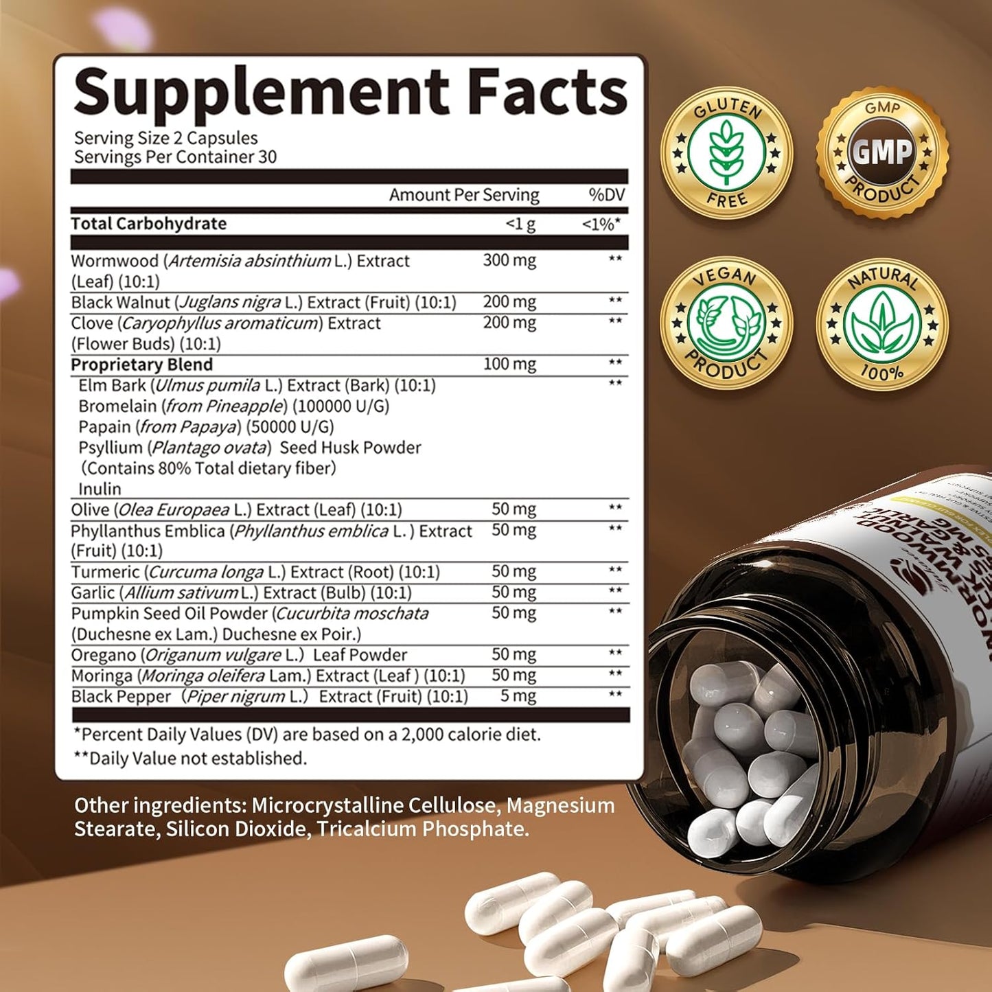 Digestive cleanse supplement featuring natural herbal ingredients like clove and turmeric