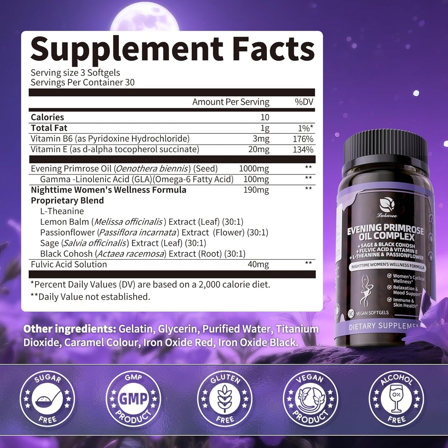 Evening Primrose Oil Complex for Women, Cold-Pressed EPO with 10% GLA, Sage, Fulvic Acid & L-Theanine – Hormonal, Skin, Mood & Immune Support – 90 Softgels