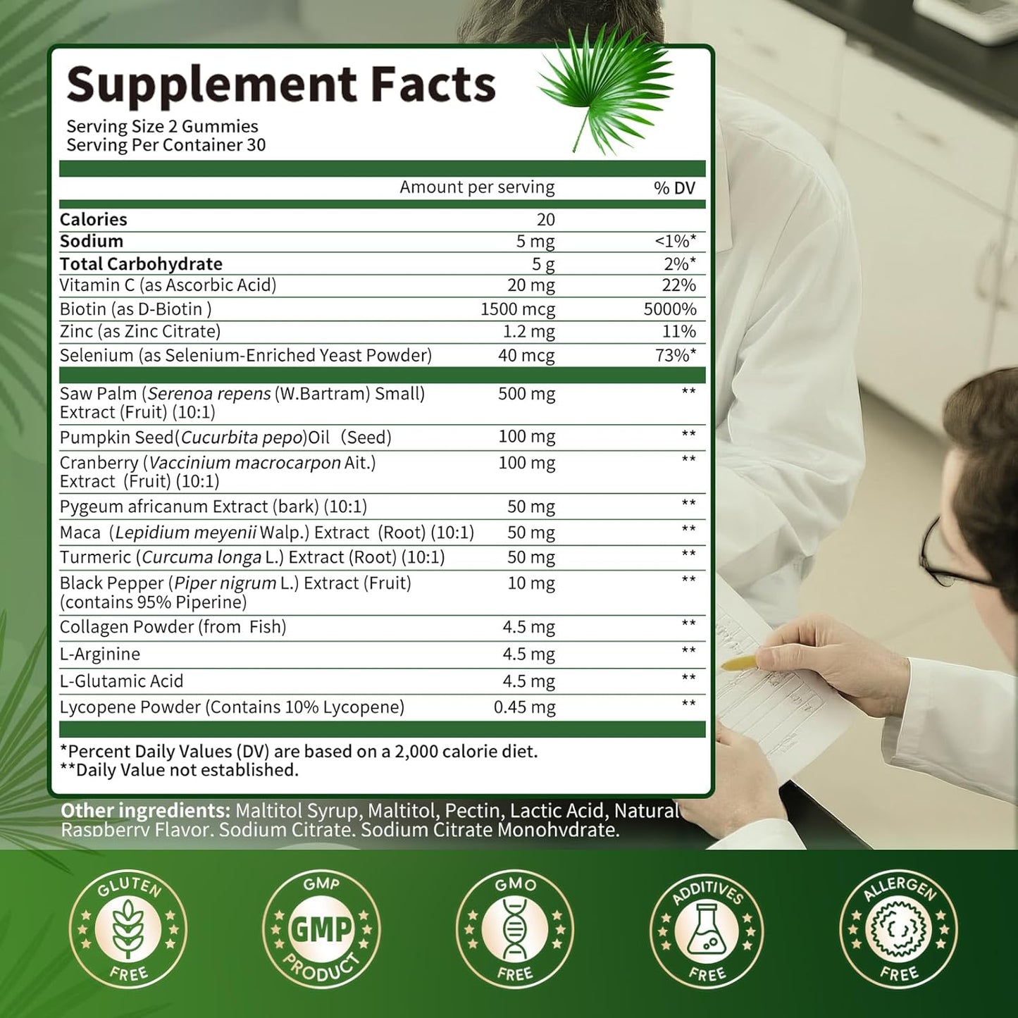 The label of Lukaree 15 in 1 Saw Palmetto 2 Pack, 500mg Saw Palmetto Extract Gummies