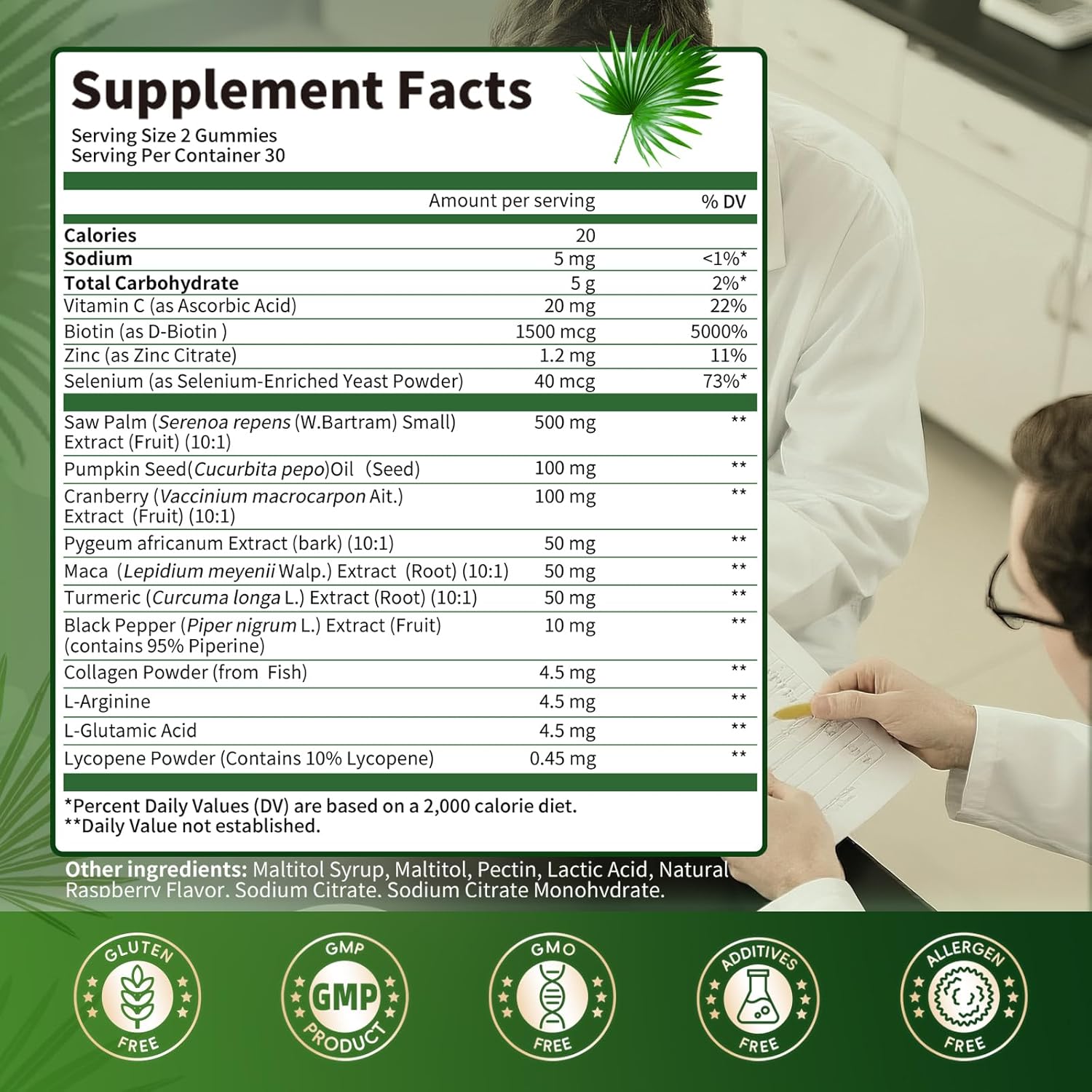 The label of Lukaree 15 in 1 Saw Palmetto 2 Pack, 500mg Saw Palmetto Extract Gummies