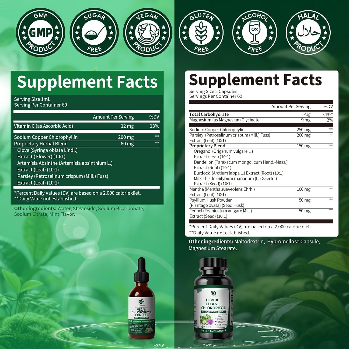 Chlorophyll Liquid Drops & Capsules Combo – 24-Hour Cleansing, Energy & Wellness Support for Oral Freshness, Immune Support, Internal Deodorant 2Oz + 120 Caps